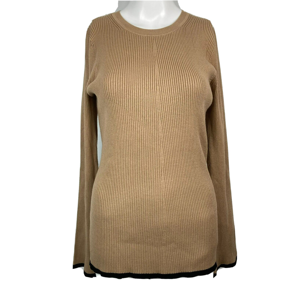 Banana Republic Sweater Womens Sz M Beige Fitted Ribbed Knit Pullover Black Trim